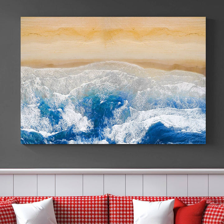 Maravilloso lienzo de playa aérea, impresión artística de pared, paisaje de playa, arte oceánico, pintura abstracta grande, lienzo original enmarcado listo para colgar obras de arte para sala de estar, cocina, dormitorio, decoración del hogar