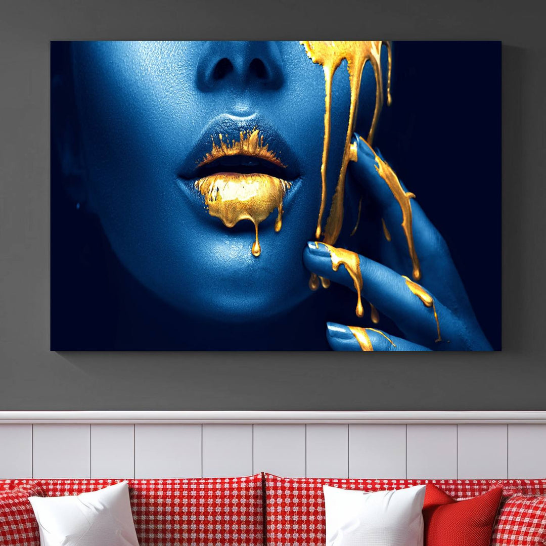 Neón Azul Oro Labios Sensual Fotografía Lienzo Pared Arte Impresión Moda Arte Belleza