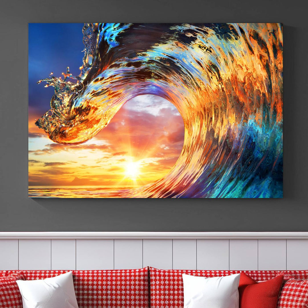 Wave Canvas Wall Art – Multi-Panel Sunset Ocean Scene – Bold and Vibrant Decor for Living Room or Office – Ready to Hang