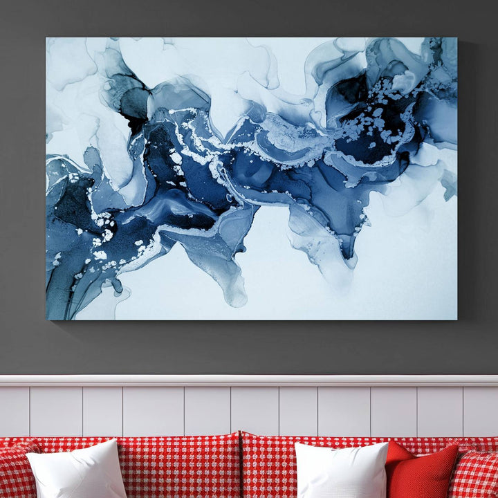 Arte de pared grande con efecto fluido de mármol azul hielo, lienzo abstracto moderno, impresión artística de pared