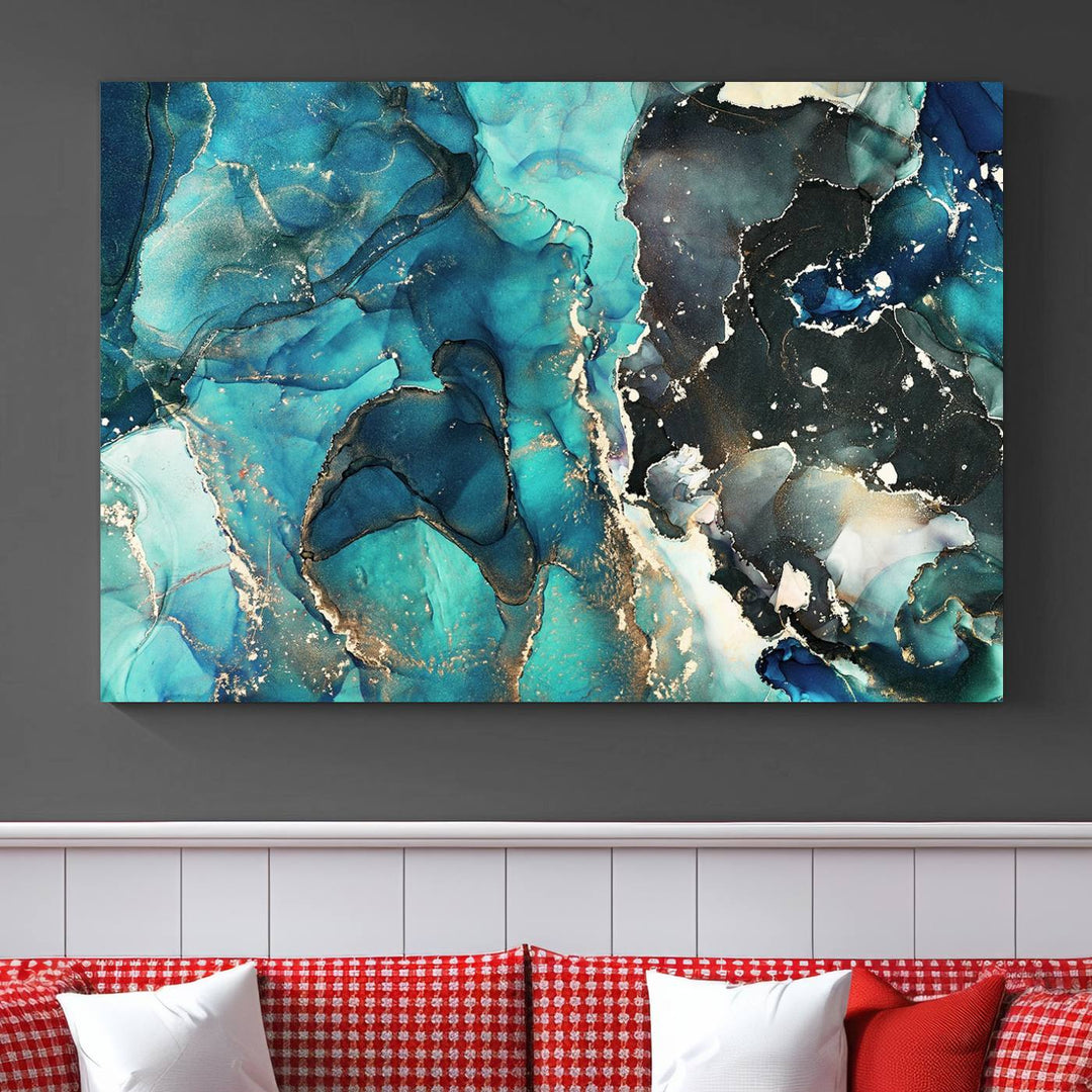 Stylish Teal Color Gold Abstract Canvas Wall Art Print