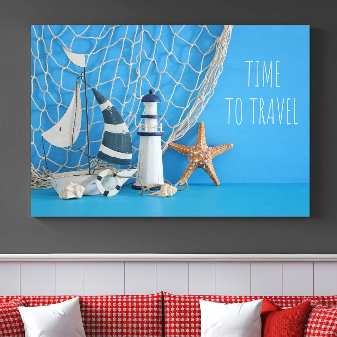 Sailing Boat Starfish and Lighthouse Wall Art Canvas Print