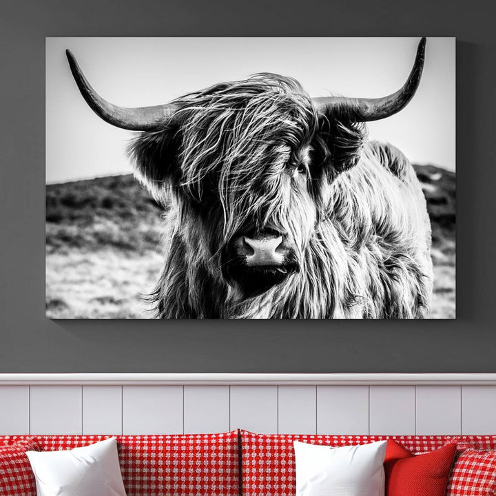 Highland Cow Wall Art | 3-Panel Black and White Highland Cow Canvas Print for Western Farmhouse Decor | Large Framed Giclee Canvas for Living Room