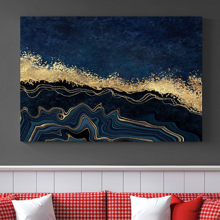 Navy Blue Marble Fluid Effect Large Wall Art Modern Abstract Canvas Wall Art Print