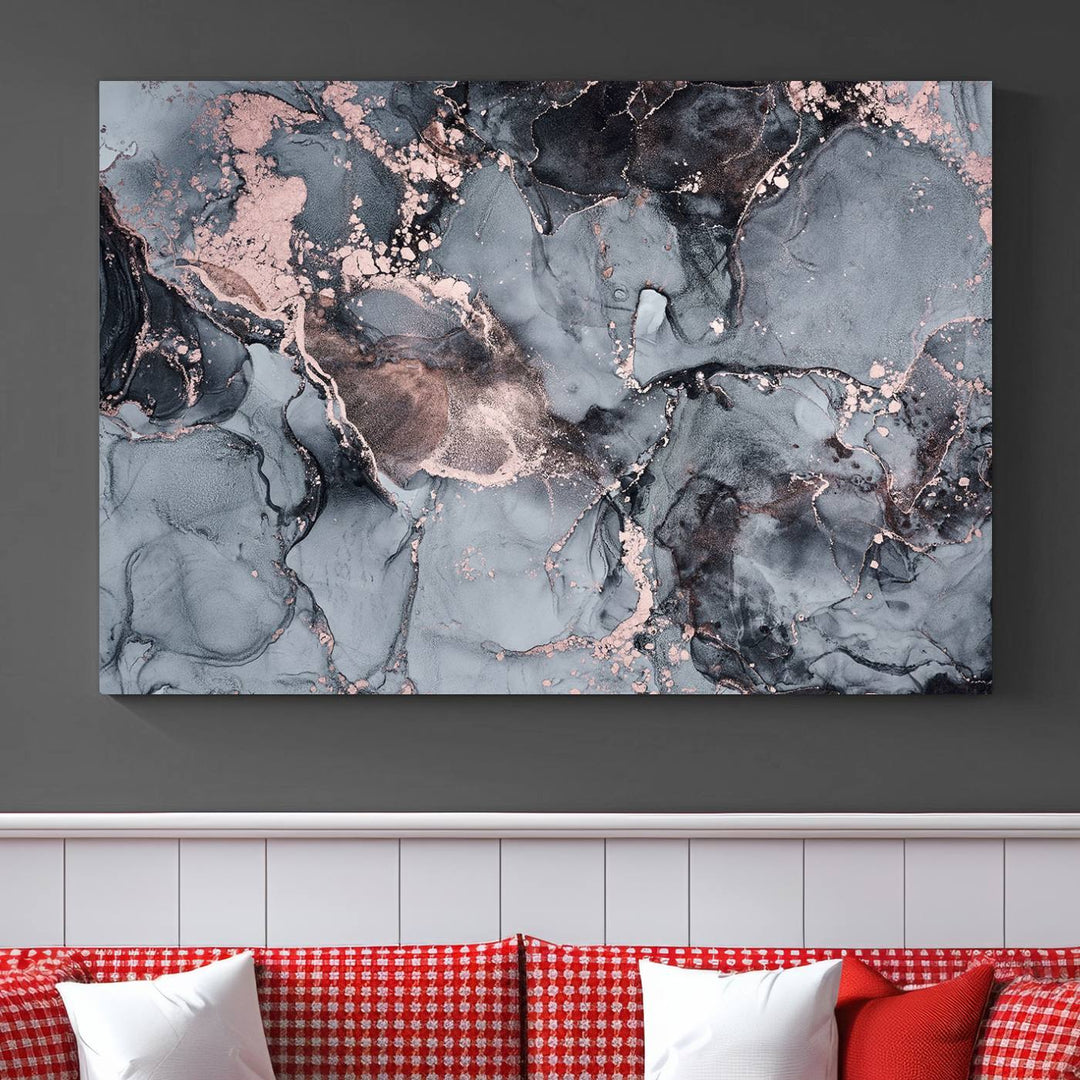 Impresión de arte de pared grande con efecto fluido de mármol gris y oro rosa, lienzo abstracto moderno