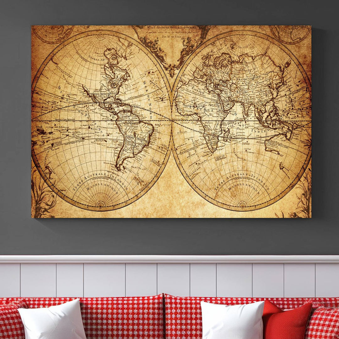 Vintage World Map Wall Art | 3-Panel Canvas Print for Living Room, Office, or Study | Giclee Canvas with Antique Design