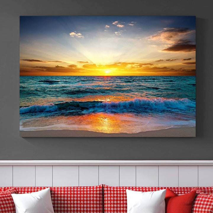 Vibrant Ocean Sunrise Over Golden Beach Waves, Giclee Canvas Wall Art Set, High-Quality Stretched Canvas Print, Ready to Hang Coastal Sunset Wall