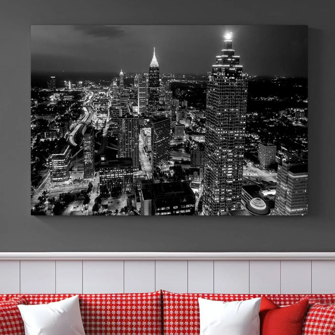 The Atlanta City Lights Skyline Black and White Wall Art Cityscape Canvas Print is elegantly displayed on the wall. These museum-quality canvases arrive ready to hang, making your art display both effortless and sophisticated.