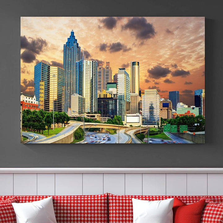 Atlanta City Lights Sunset Skyline Cityscape View Wall Art Canvas Print