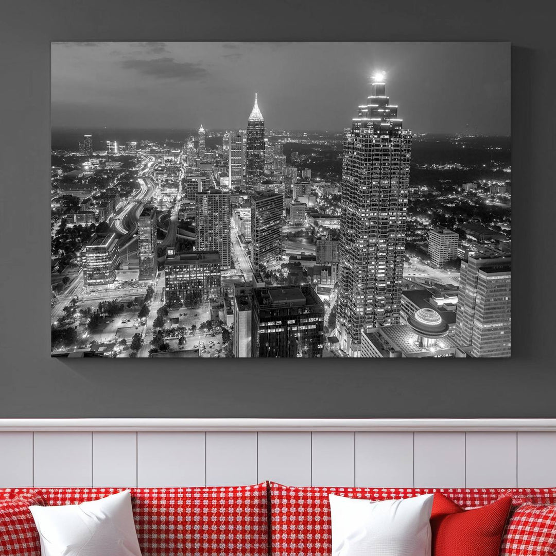 Atlanta City Skyline Art mural noir et blanc Paysage urbain Impression sur toile