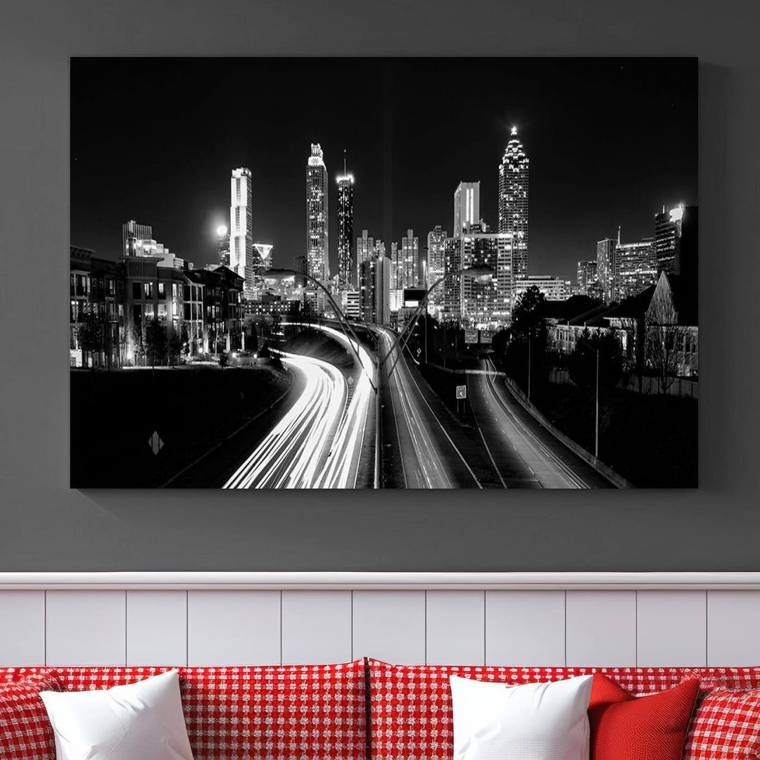 Atlanta City Lights Skyline Art mural noir et blanc Paysage urbain Impression sur toile