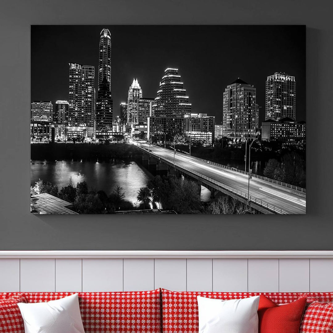 Austin City Lights Skyline Art mural noir et blanc Paysage urbain Impression sur toile