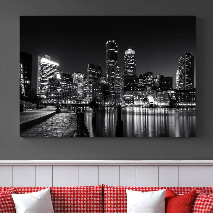 The living room showcases the Boston City Lights Skyline Black and White Wall Art Canvas Print.