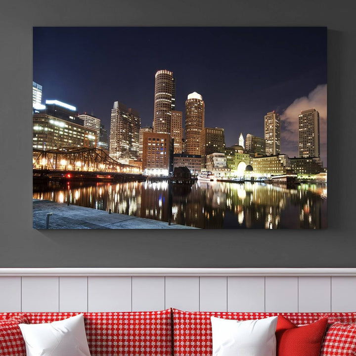 The Boston City Lights Skyline Cityscape View Wall Art Canvas Print showcases a nighttime cityscape on museum-quality canvas.