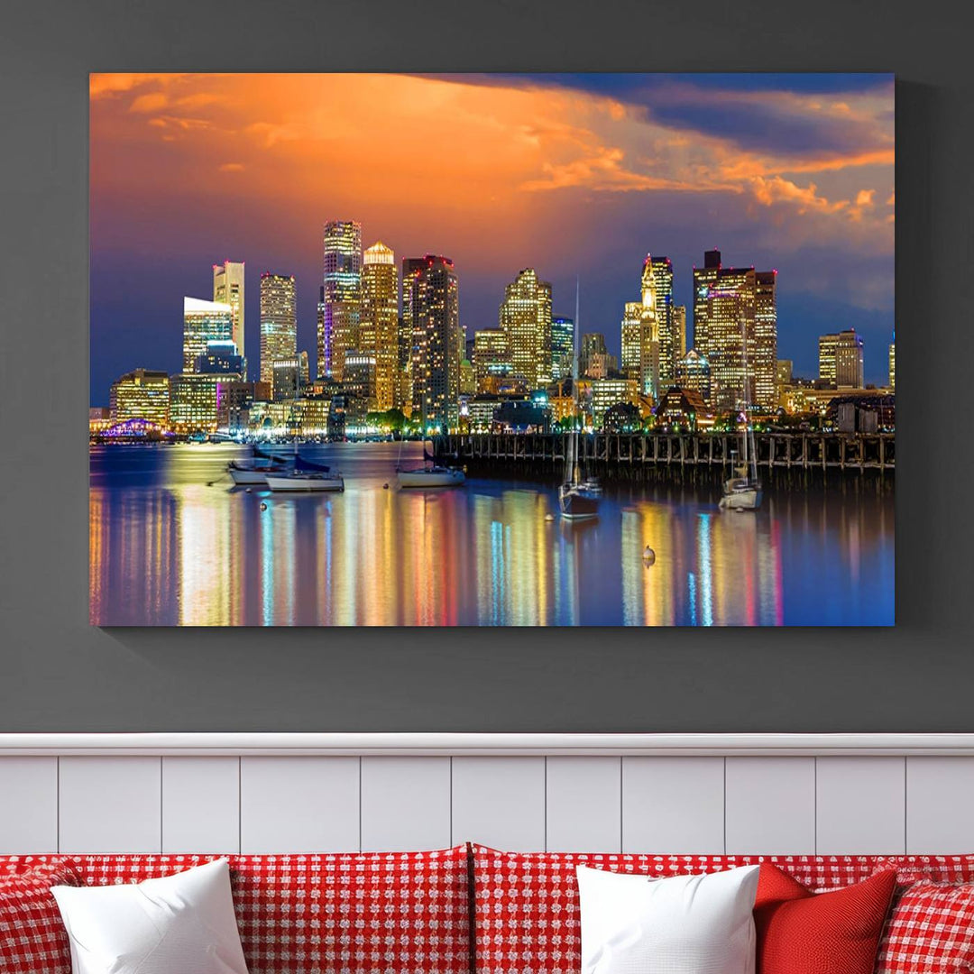 Boston City Night Blue and Orange Skyline Cityscape View Wall Art Canvas Print 