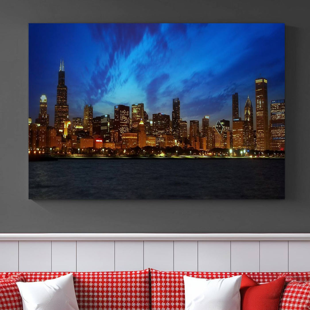 The "Chicago City Lights Night Blue Wall Art Canvas Print," a triptych of a city skyline at dusk rendered on museum-quality canvas with UV-protective coating, is featured in the living room.