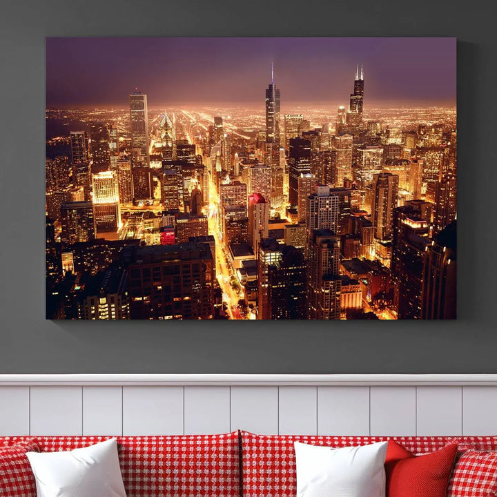 A large artwork showcasing the Chicago Night Skyline cityscape is elegantly displayed on a gallery-wrapped, museum-quality canvas.