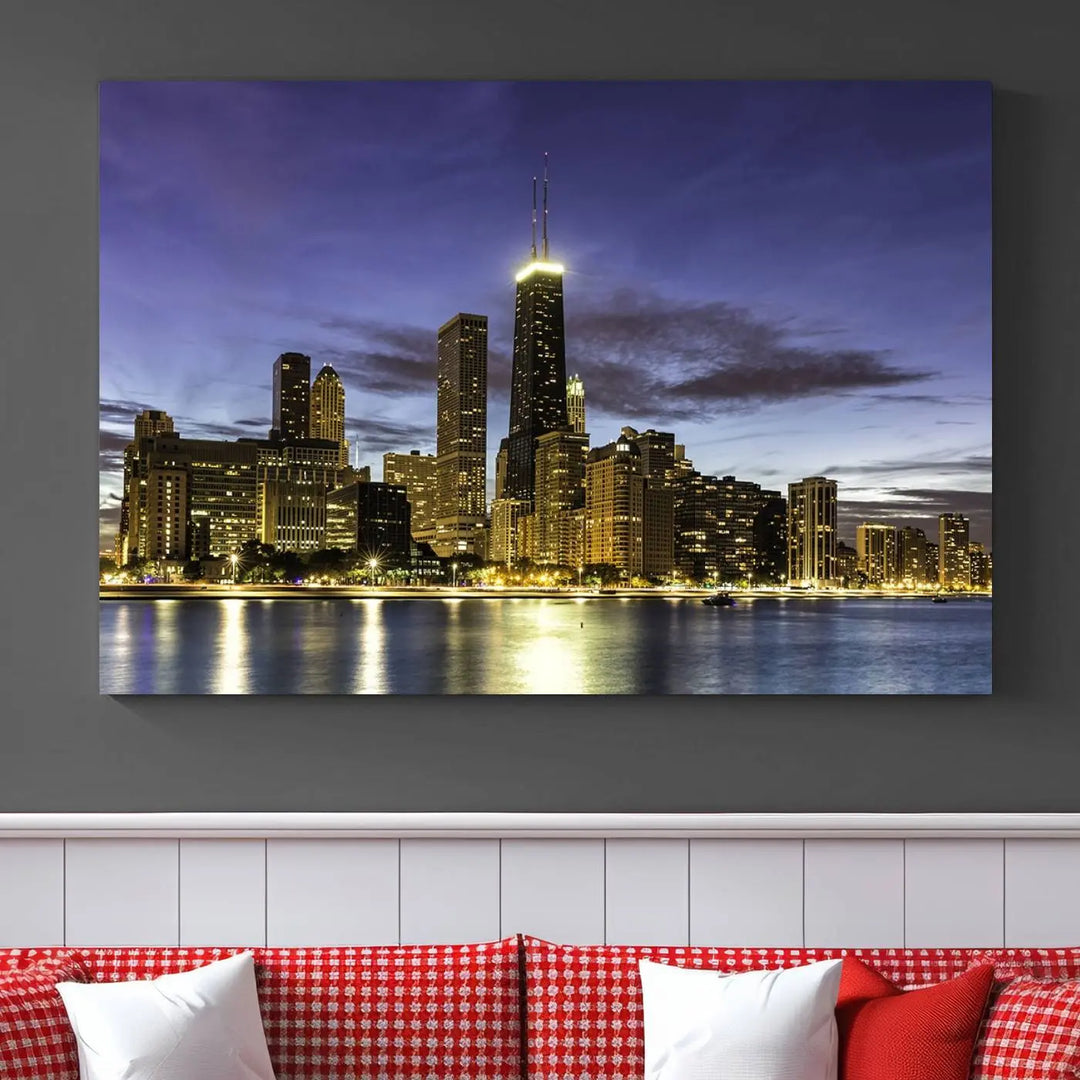 Chicago Night Skyline Cityscape Canvas Picture Print is a stunning three-panel wall art piece, perfect for adding sophistication to any setting. Crafted by professional artisans, this artwork features museum-quality canvases designed to enhance your space. Enjoy free shipping with your purchase.