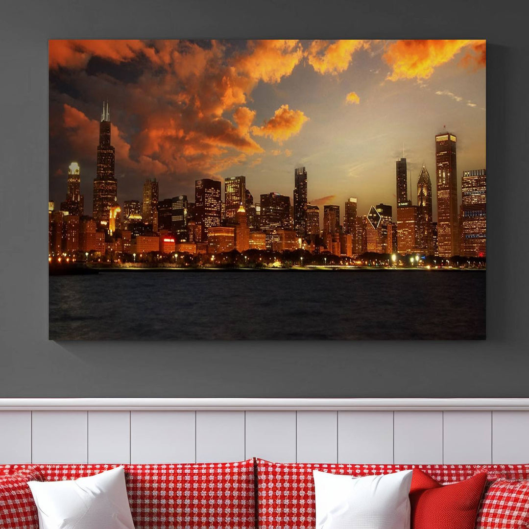 Chicago City Lights Sunset Orange Cloudy Skyline Cityscape View Wall Art Canvas Print