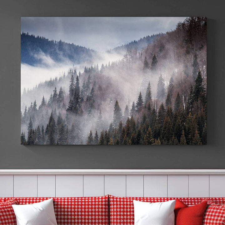 The "Beautiful Rising Fog in Winter Mountain Landscape" wall art is presented on museum-quality canvas, adding a striking visual element to the living room.