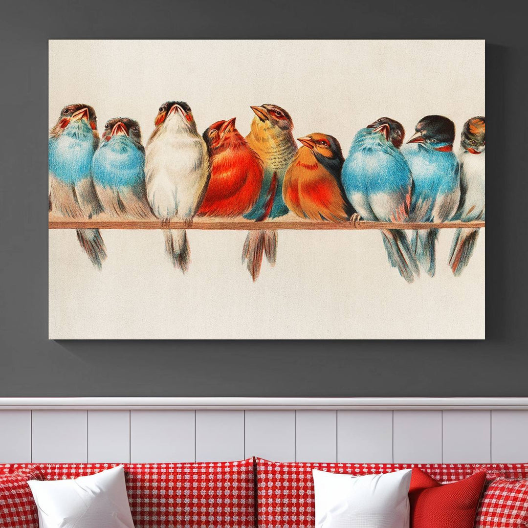 The Abstract Birds Wall Art Canvas Print, featuring a triptych of colorful birds perched on a branch, is printed on museum-quality canvas and equipped with a UV-protective coating and ready-to-hang design. This artwork adds vibrant elegance to your living space.