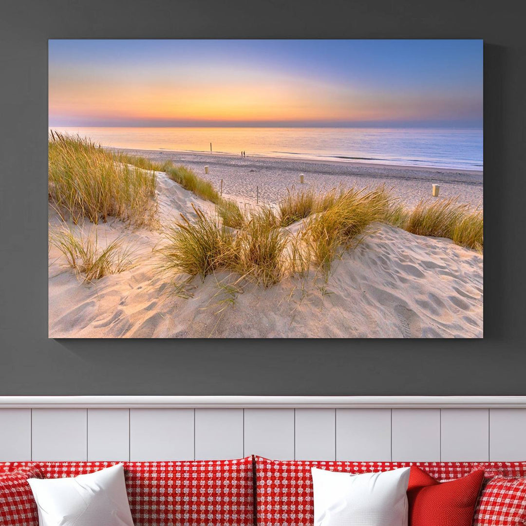 The "Sunset Silence on the Beach" wall art canvas print features a serene beach scene at sunset on museum-quality canvas with a UV-protective coating.