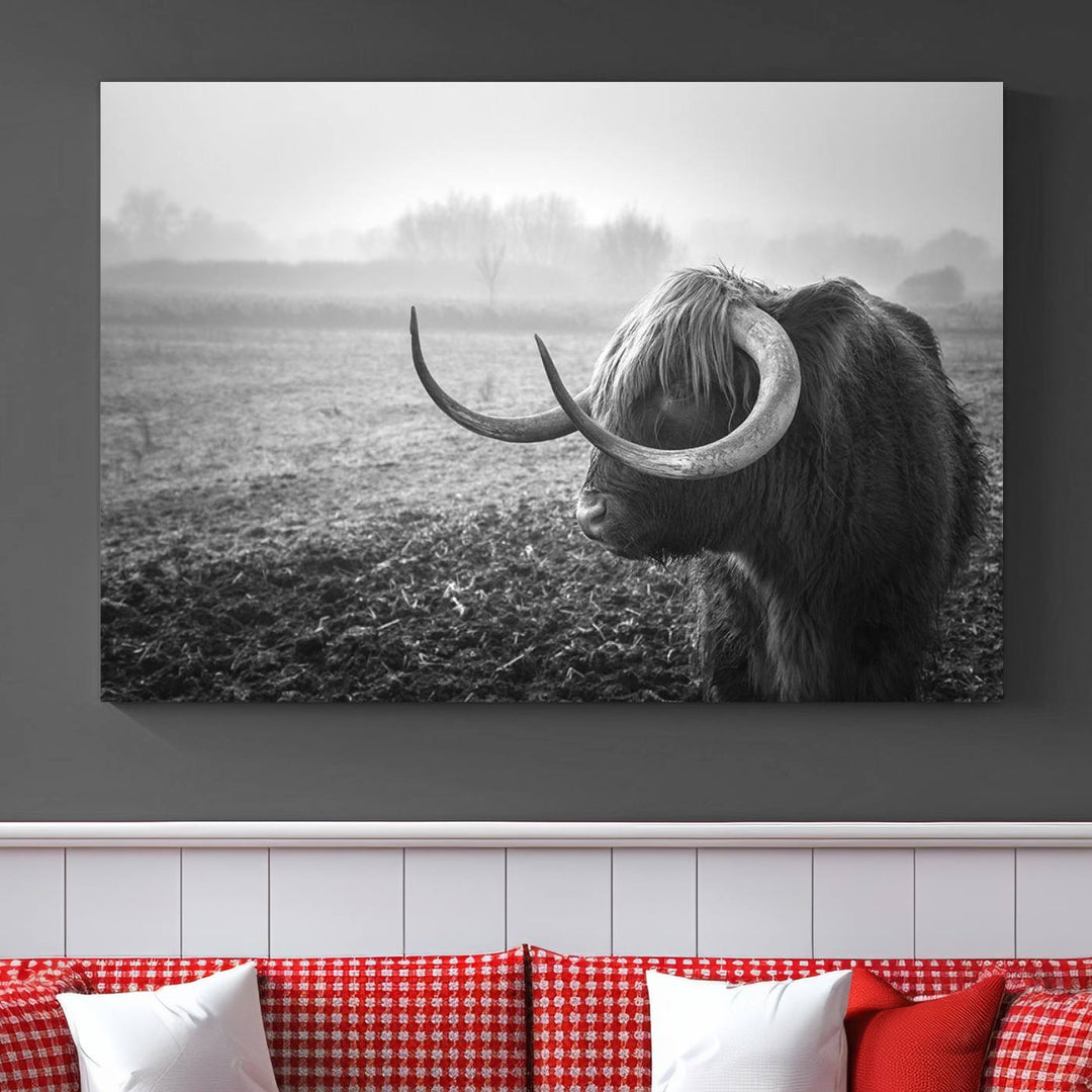 The living room features a three-panel wall art of a highland cow in a foggy field, using the Cow Wall Art Canvas Print for visual impact. This museum-quality canvas includes UV-protective coating to ensure longevity.