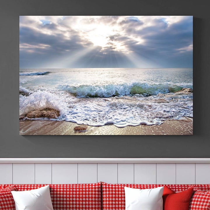 Sunset At The Beach Wall Art Canvas Print, showcasing a triptych of a tranquil ocean view with waves and sun rays, is printed on museum-quality canvas with UV-protective coating. Enjoy this artistic elegance with free shipping.