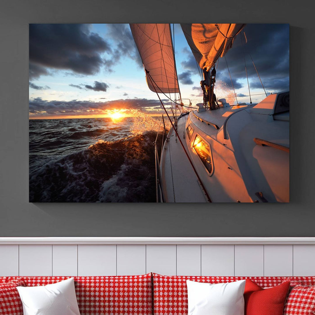 The modern living room is adorned with the Ocean Sunset Sailboat Wall Art, a triptych crafted on museum-quality canvas featuring UV-protective coating for lasting vibrancy.