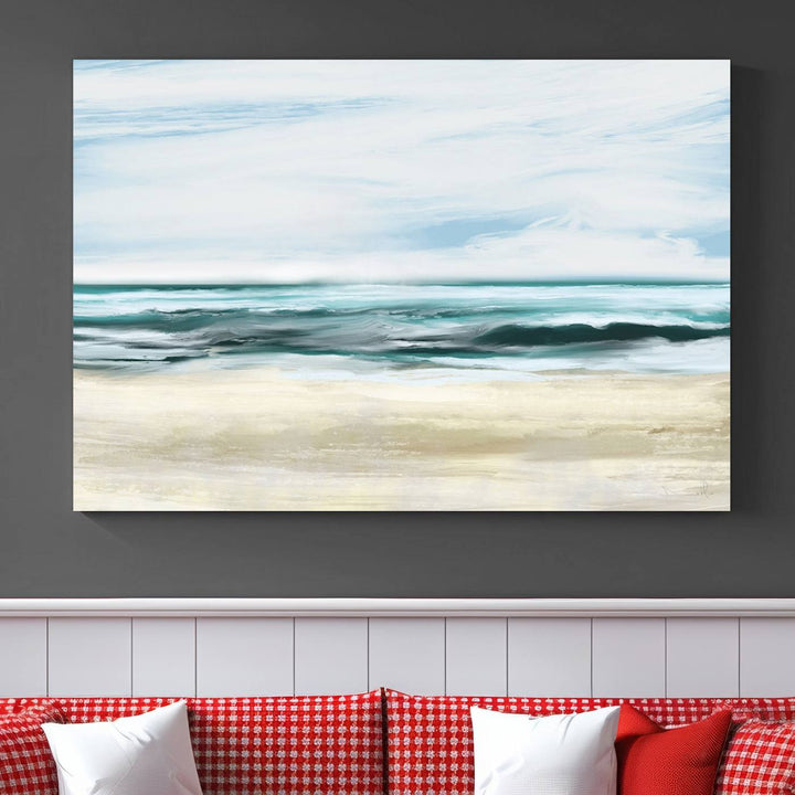 The room features the Ocean Abstract Wall Art Canvas Print, a triptych beach painting on museum-quality canvas with a gallery-wrapped finish and UV-protective coating.