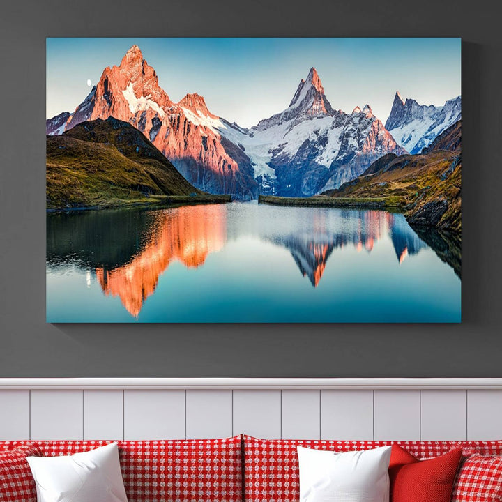 The living room features the Landscape Mountain and Lake View Wall Art Canvas Print. This triptych is expertly handmade in the USA on museum-quality canvas and includes a UV-protective coating to ensure lasting beauty.