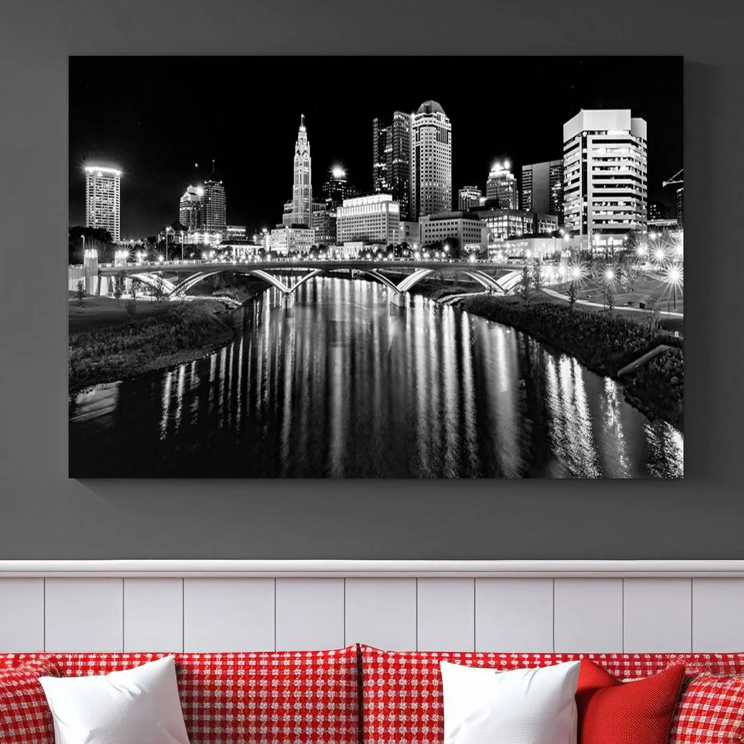 The living room showcases the Columbus City Lights Skyline Black and White Wall Art Cityscape Canvas Print.