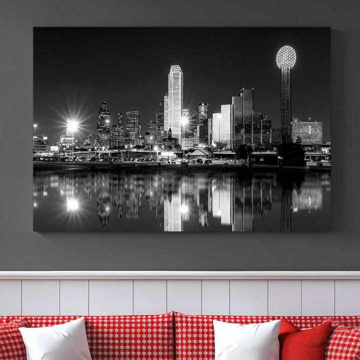 The Dallas City Lights Skyline Black and White Wall Art Cityscape Canvas Print is a striking addition to any space. These museum-quality canvases feature a UV-protective coating to maintain their beauty over time. Enjoy the convenience of free shipping when you choose this elegant piece for your home.