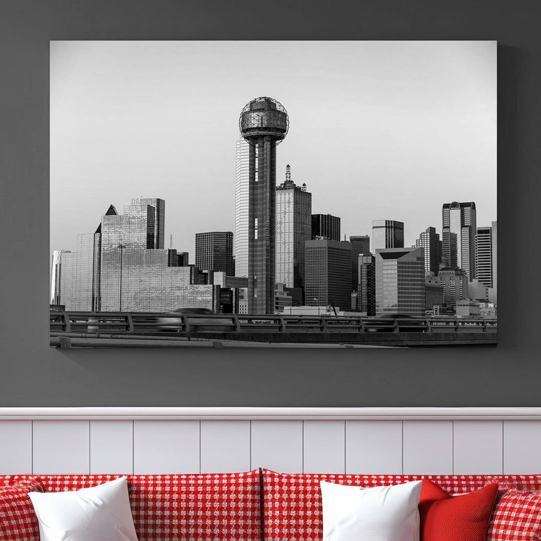 The Dallas City Lights Skyline Black and White Wall Art is elegantly displayed on museum-quality canvas.