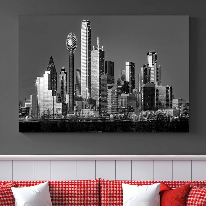 The Dallas City Skyline Black and White Wall Art Cityscape Canvas Print features a gallery-wrapped, museum-quality finish.