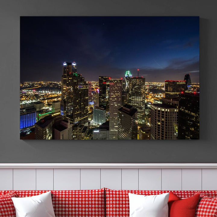 A living room showcasing a Dallas City Lights Night Skyline Cityscape View Wall Art Canvas Print, a three-panel artwork on museum-quality canvas with vibrant colors and durability.