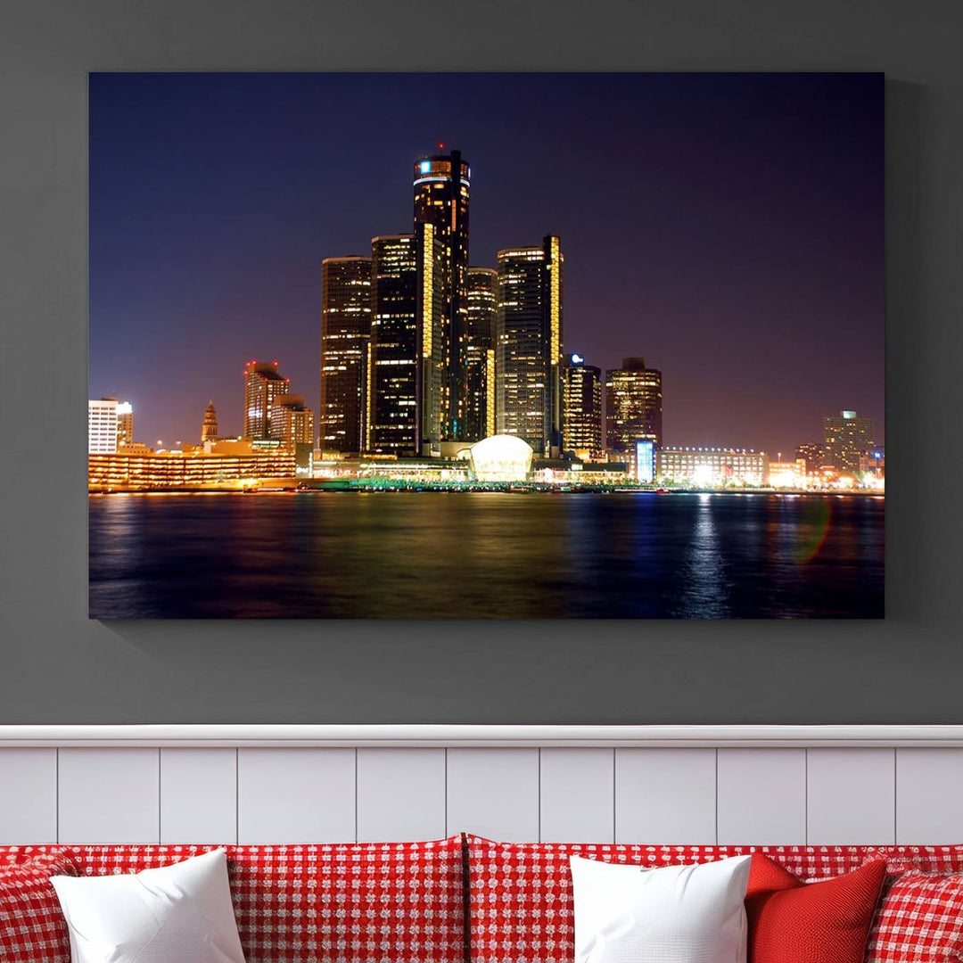 The Detroit City Lights Night Skyline Cityscape View Wall Art Canvas Print, elegantly split into three panels, is made from museum-quality pollycotton and gallery wrapped for a sophisticated touch. It is available with free shipping to effortlessly elevate your space.