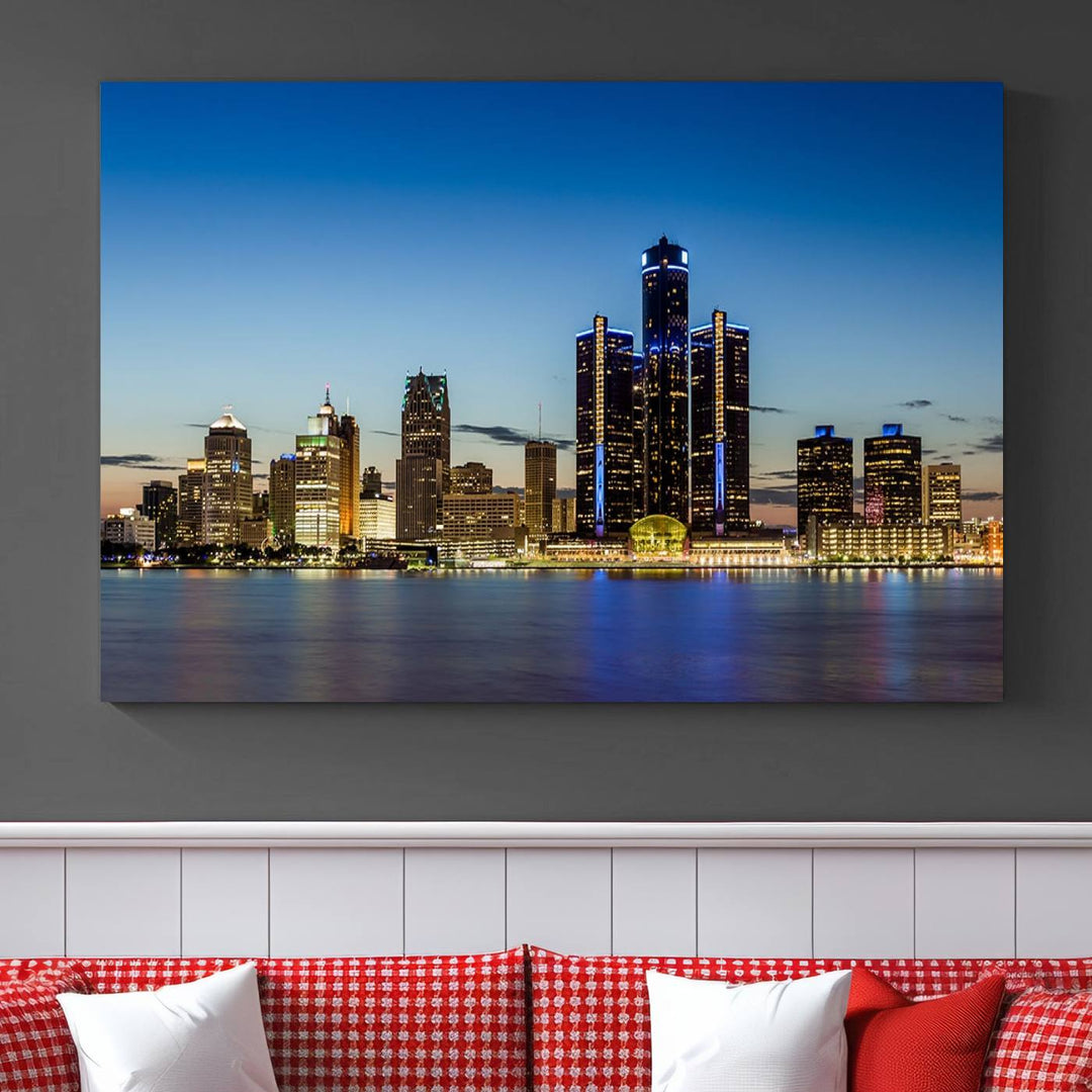 Detroit City Lights Sunrise Skyline Cityscape View Wall Art Canvas Print