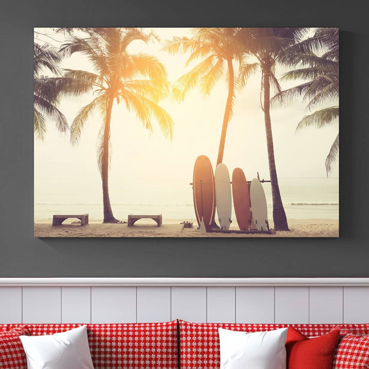 Surfboard and Palm Tree on Beach Double Exposure with Colorful Bokeh Sunset Light Wall Art Canvas