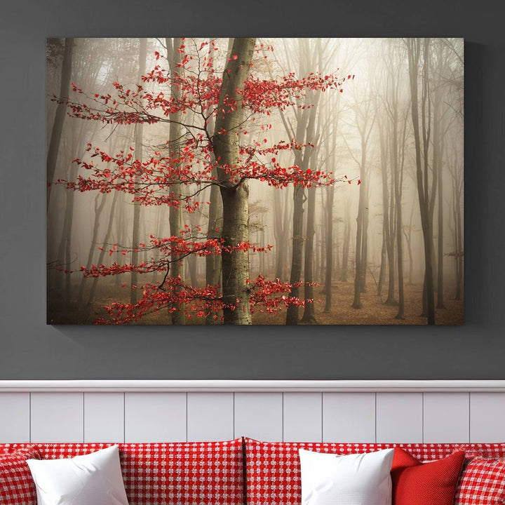 The living room features the Foggy Forest Wall Art, an Autumn Trees Canvas Print that showcases a serene nature scene with foggy woodland decor and a tree adorned in vibrant red leaves.