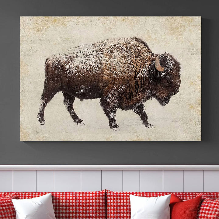 The "Buffalo Wall Art" canvas print, featuring a Western bison, hangs prominently, infusing the space with rustic cowboy and Western decor.