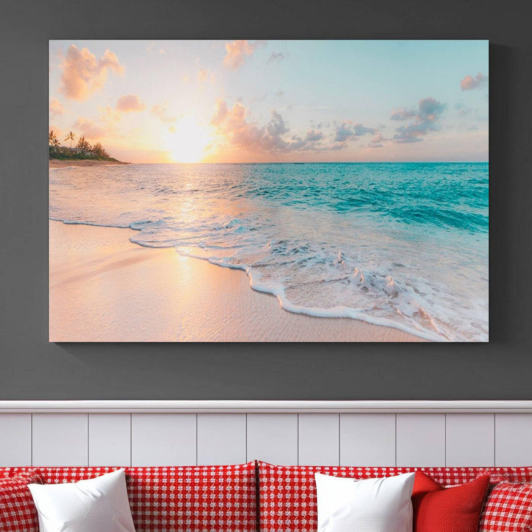 Beach Sunrise Wall Art, Coastal Seascape Canvas Print, Ocean Wave Multi-Panel Giclee, Coastal Sunset Beach Scene for Modern Decor