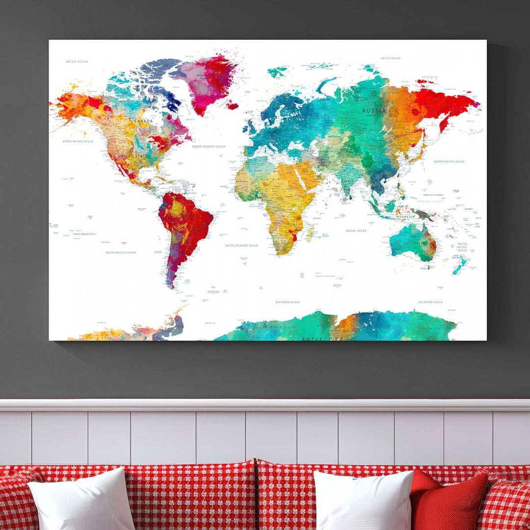 A stunning Colorful World Map Triptych Canvas Print, featuring a ready-to-hang framed design, adds vibrancy and modern flair to the space, effortlessly elevating the entire home décor.