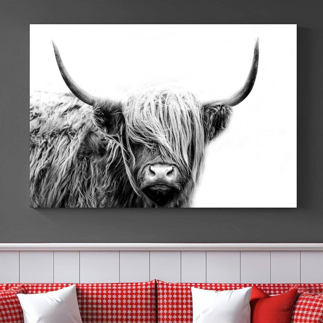 A museum-quality triptych titled "Black White Scottish Highland Cow Cattle Art Print Farmhouse Wall Art Canvas Print" embellishes the dark wall. The canvas is equipped with a UV-protective coating to ensure lasting vibrancy.