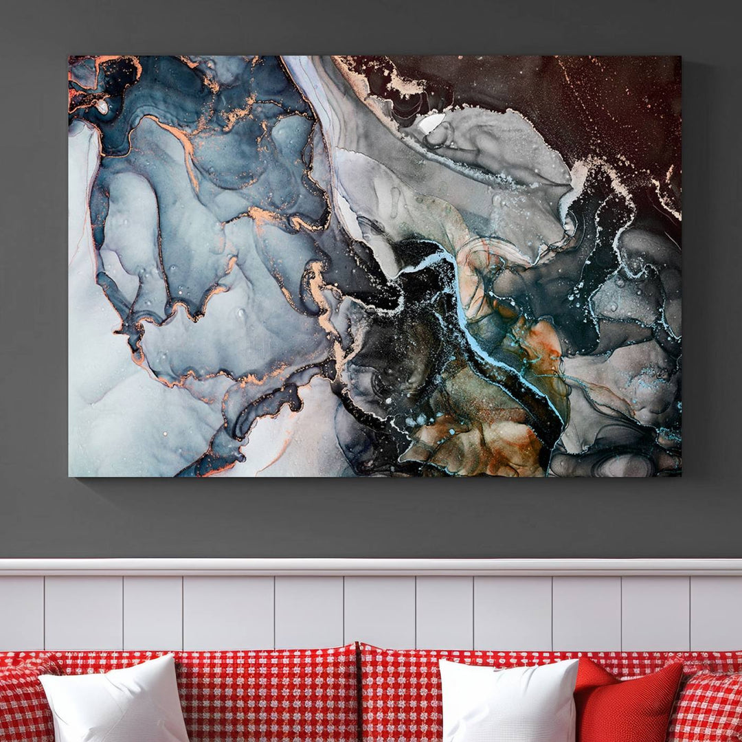 The Mix Color Large Abstract Marble Wall Art Canvas Print is printed on museum-quality canvas. It features a UV-protective coating and is ready to hang, adding elegance to the room.