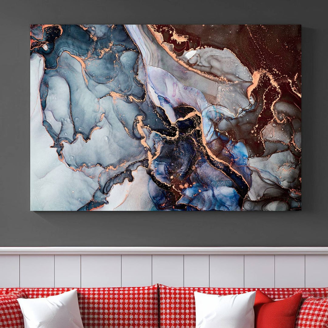 Brown Blue Abstract Marble Wall Art Canvas Print