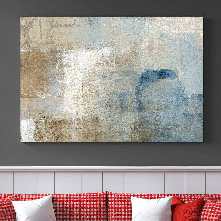 Abstract Blue and Beige Wall Art, Modern Minimalist Canvas Print Set, Giclee Textured Art, Large Multi-Panel Artwork for Living Room