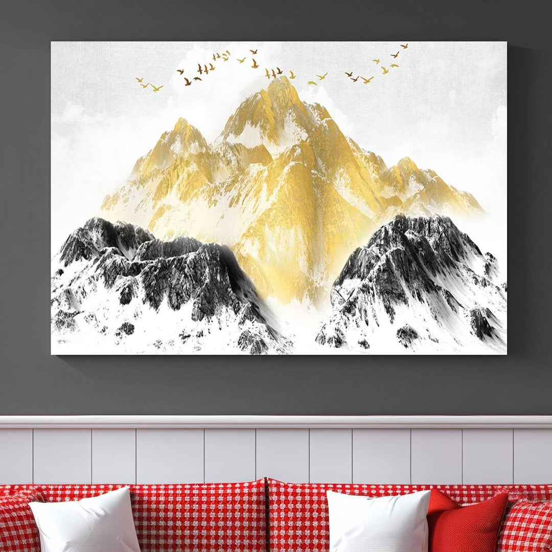 Golden Mountain Triptych Wall Art, Modern Giclee Canvas Print, Nature Landscape Decor for Living Room, Contemporary Gold and Black Wall Art