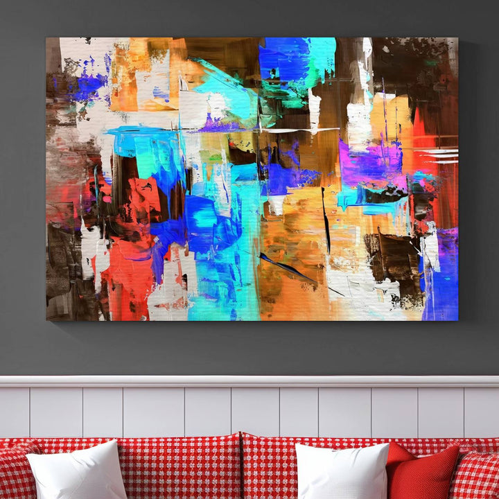 In a modern living room, the "Colorful Abstract Wall Art Canvas Print" serves as a stunning triptych centerpiece on museum-quality canvas, ready to hang. Its UV-protective coating ensures enduring vibrancy.