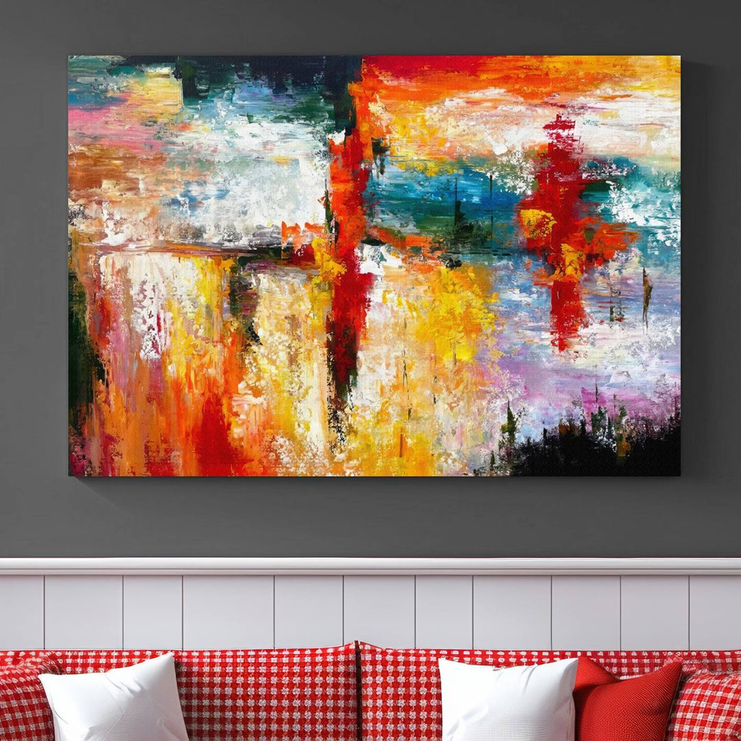 A Colorful Abstract Wall Art Canvas Print graces the wall, making this ready-to-hang masterpiece, complete with UV-protective coating, perfect for elevating any space with its vibrant allure.